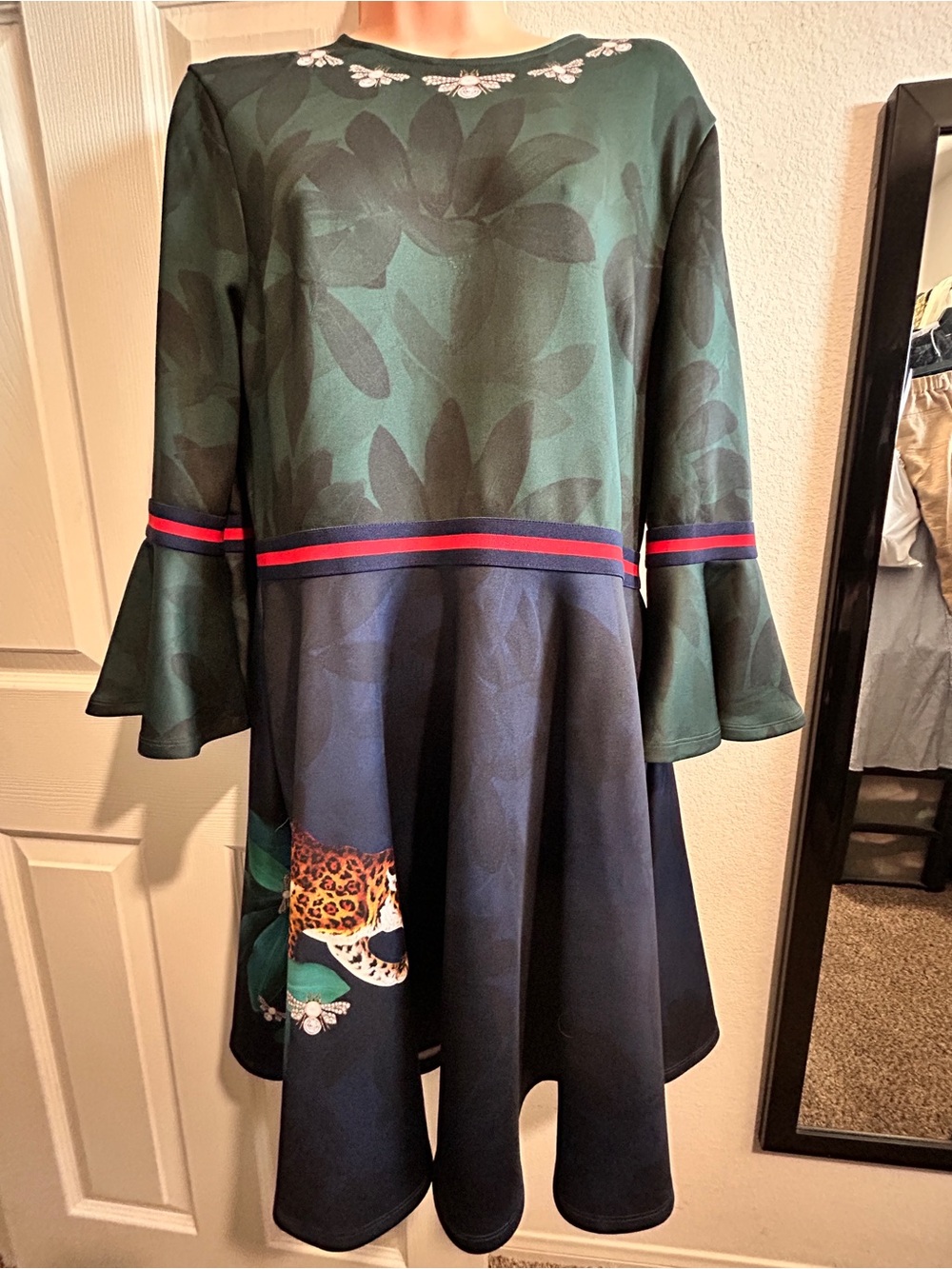 Ted Baker Green and Navy Floral Dress with Leopard Accent